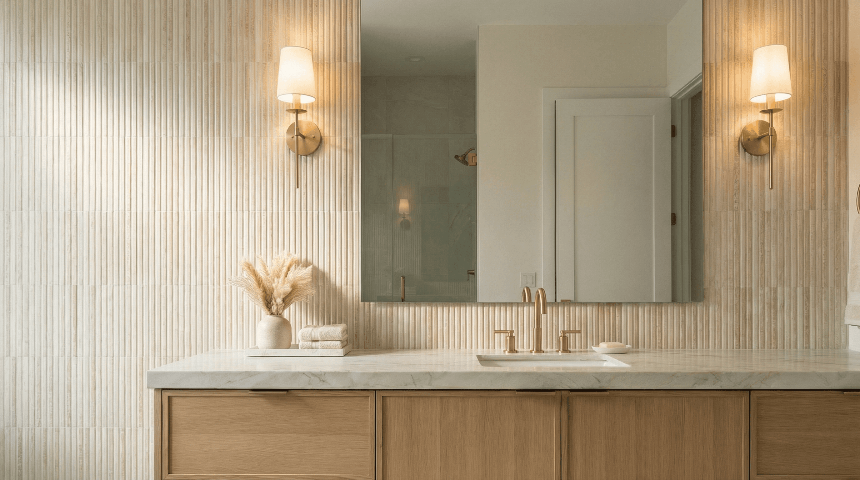 A custom bathroom featuring a warm wood floating vanity against a textured fluted tile accent wall, illuminated by elegant brass sconces.