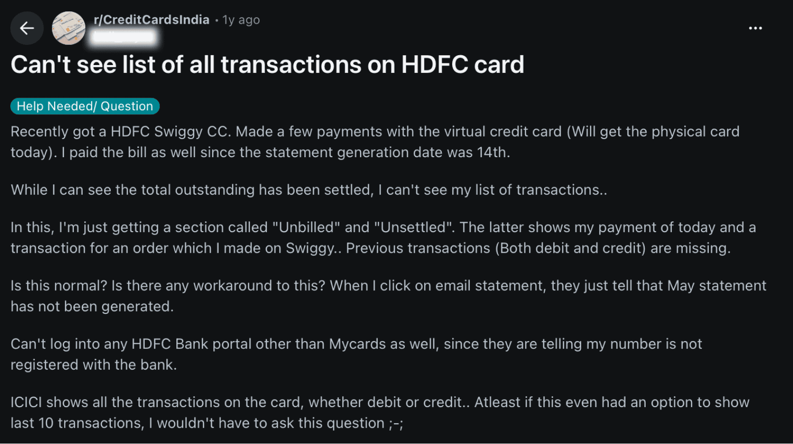 Reddit post: Can't see list of all transactions on HDFC card