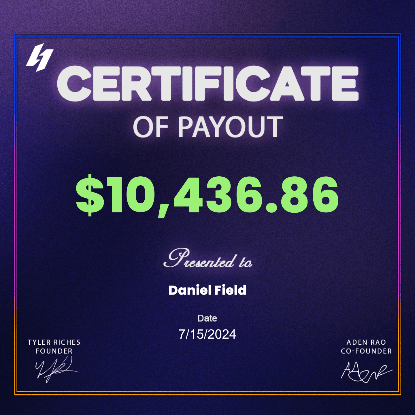 1of1 certificate of payout for verified funded traders