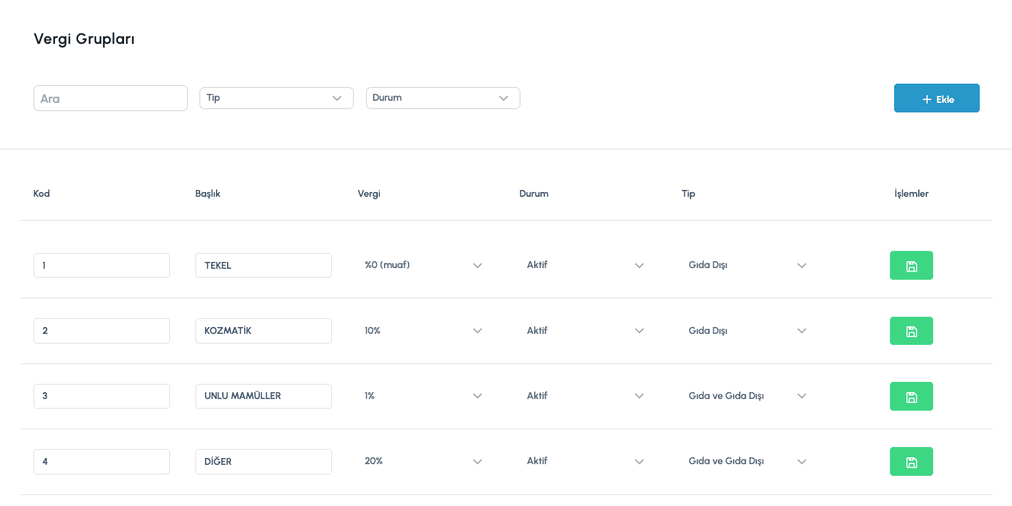 Vergi Grupları Yönetim Ekranı