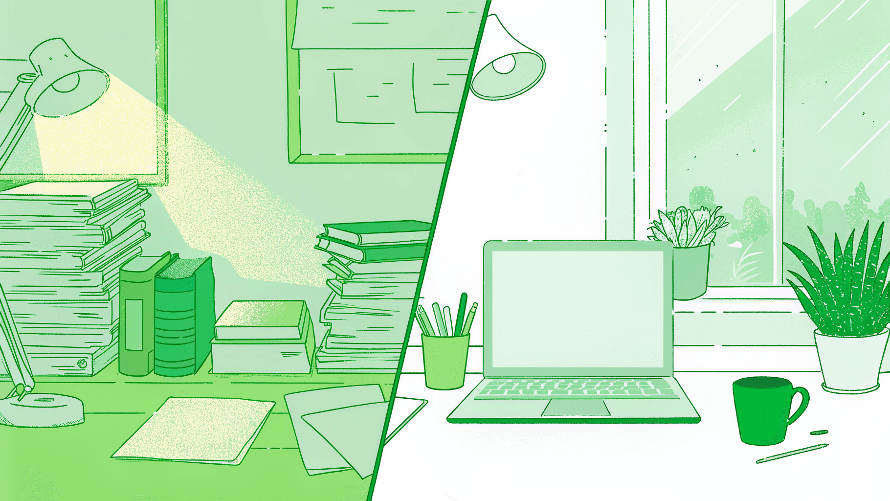 Insurance agency desk before and after automation, replacing paper invoices with digital payment dashboard
