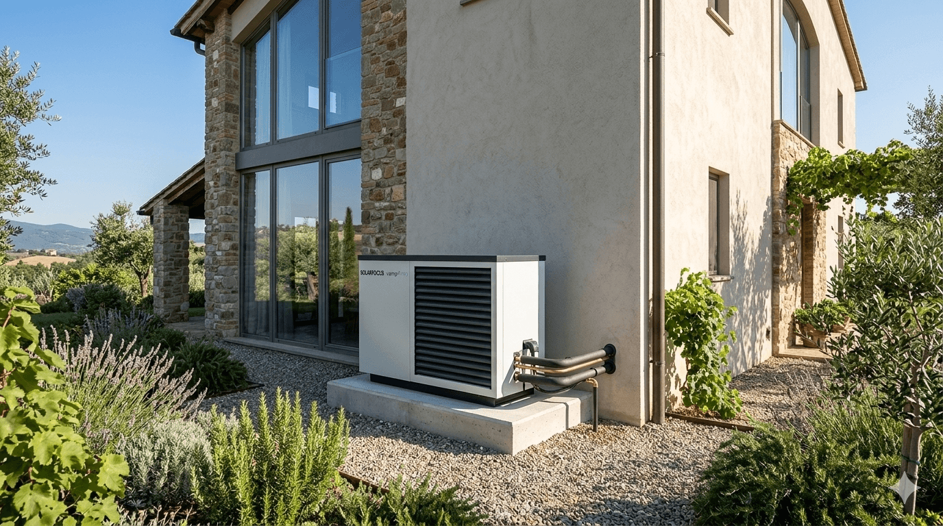 Pompa di calore installata all'esterno di una casa per riscaldamento e climatizzazione domestica