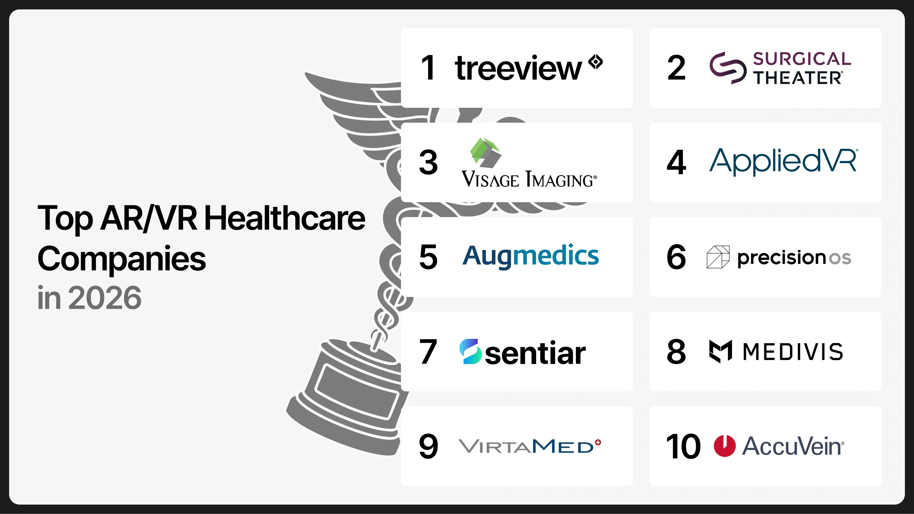 Ranked list of top 10 AR/VR healthcare companies in 2026: 1 Treeview, 2 Surgical Theater, 3 Visage Imaging, 4 AppliedVR, 5 Augmedics, 6 PrecisionOS, 7 SentiAR, 8 Medivis, 9 VirtaMed, 10 AccuVein