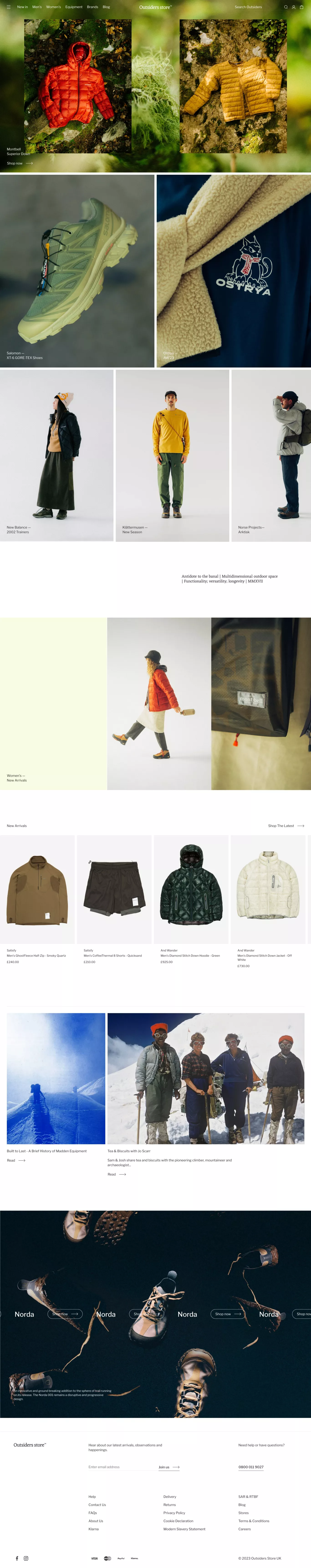 Outsiders Store - Outdoor Clothing & Equ ecommerce page screenshot showcasing Fashion and Sport design