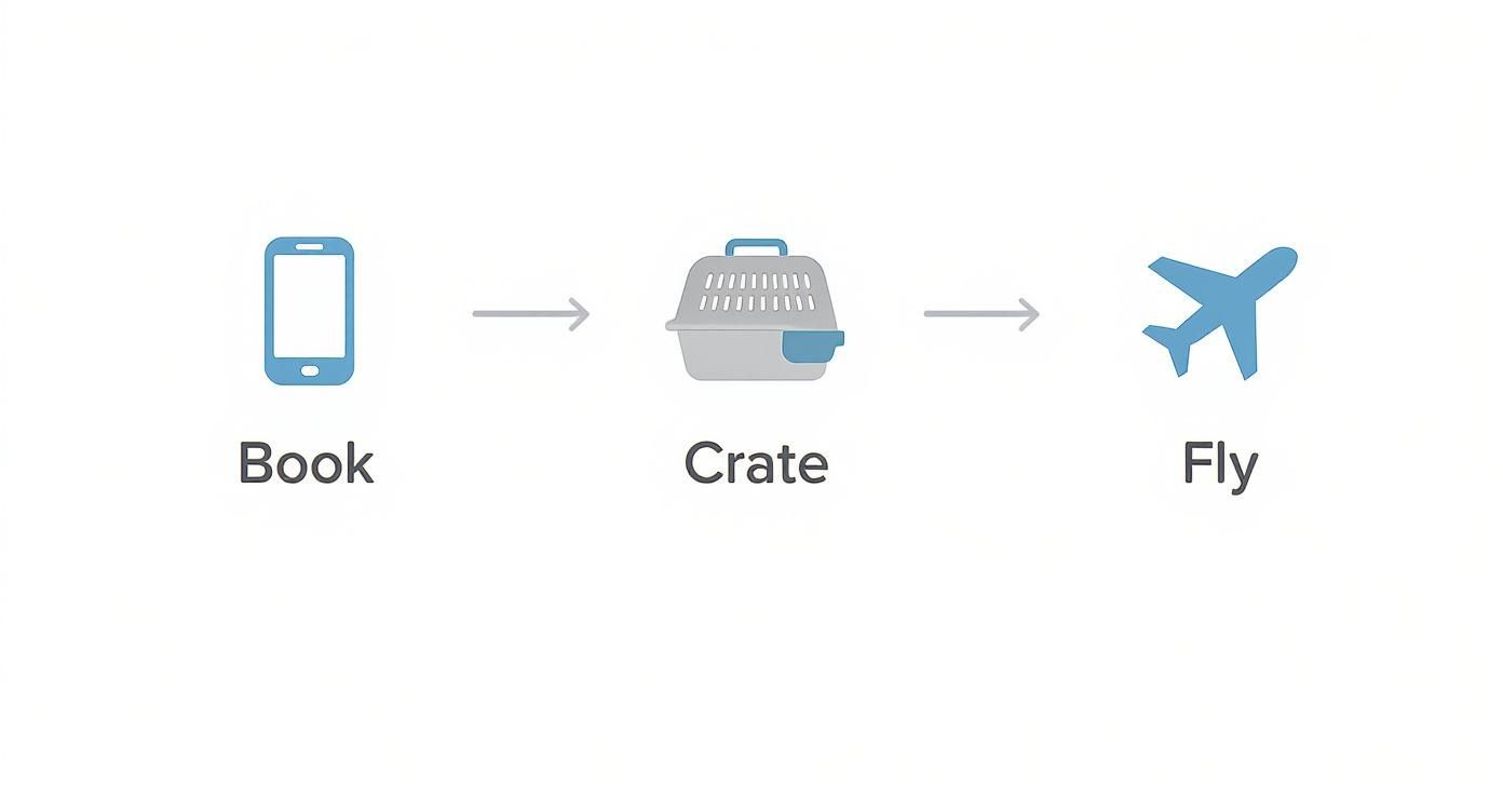 A visual guide showing a phone, pet crate, and airplane, representing steps to book, crate, and fly with a pet.