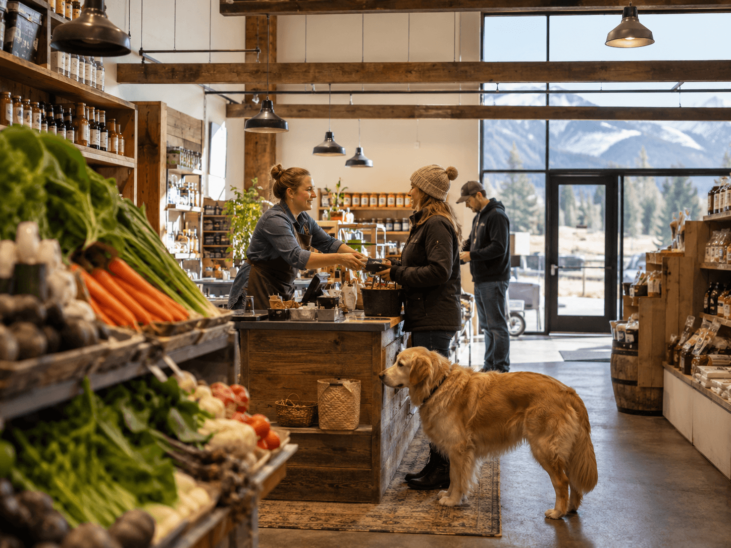 Employee assisting a customer at the counter of an independent grocery store.