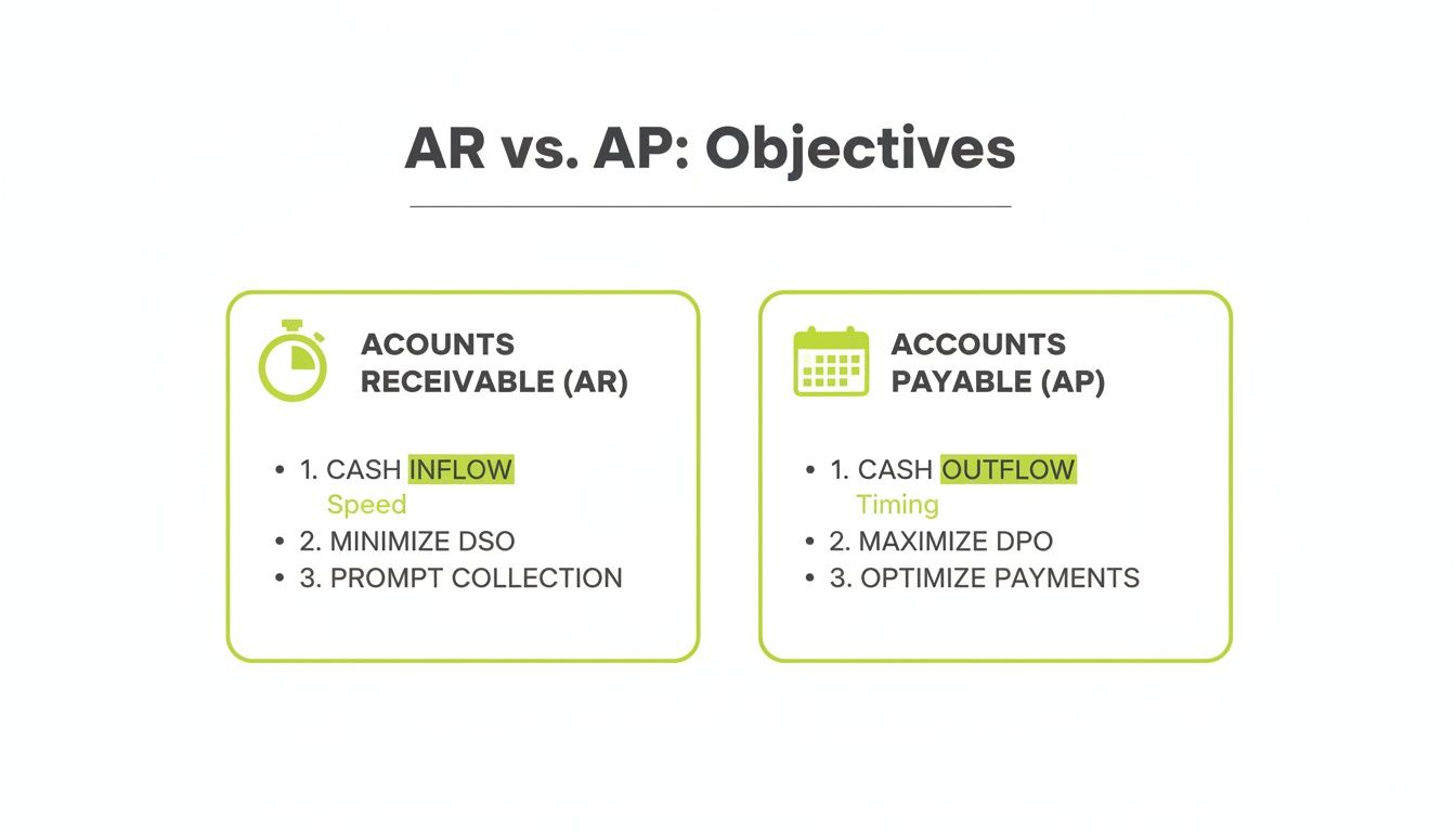 A visual comparison of objectives for Accounts Receivable (AR) and Accounts Payable (AP) cash flow.
