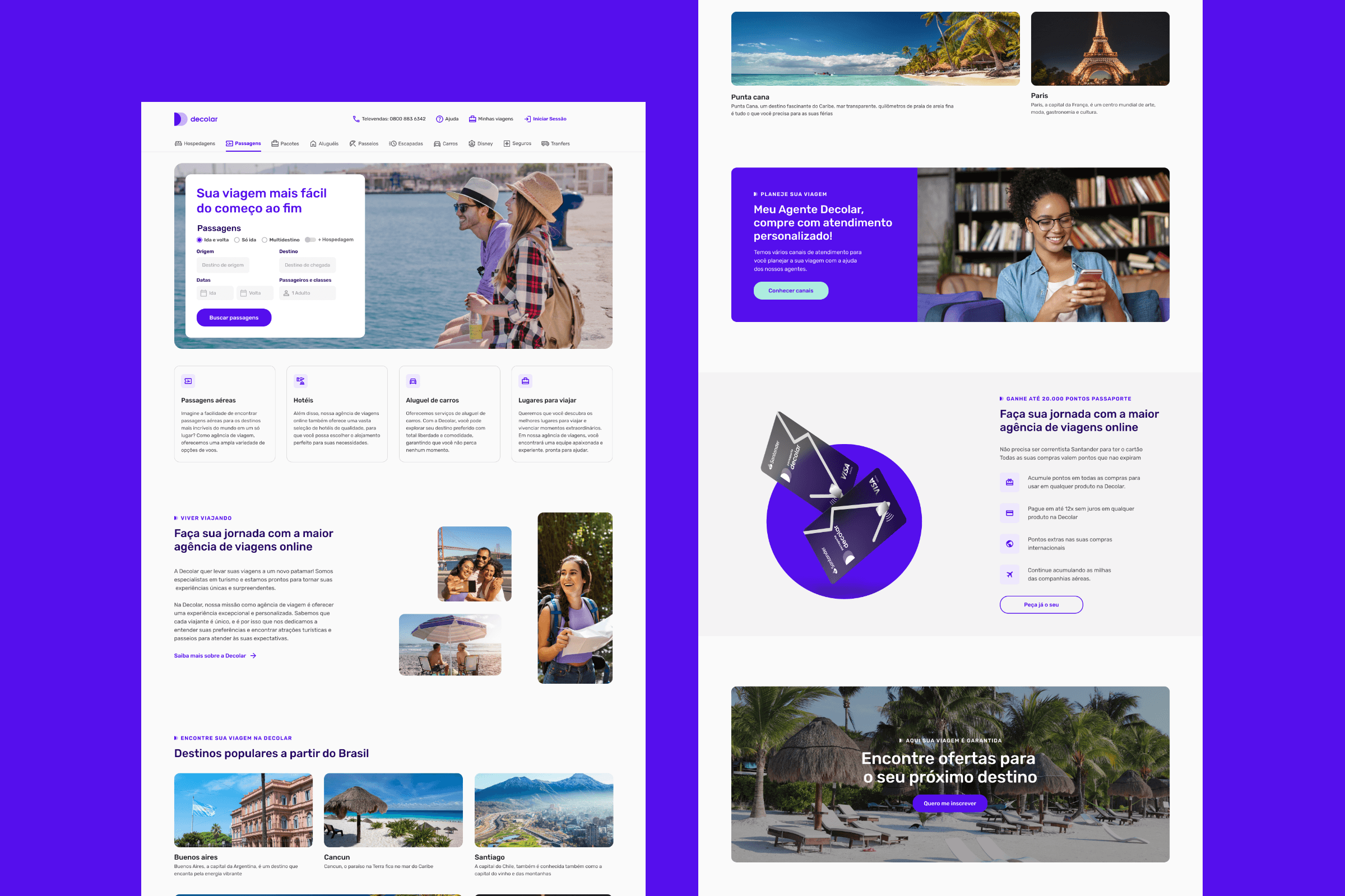 Imagem de layout de site da empresa Decolar, sobre o fundo roxo.