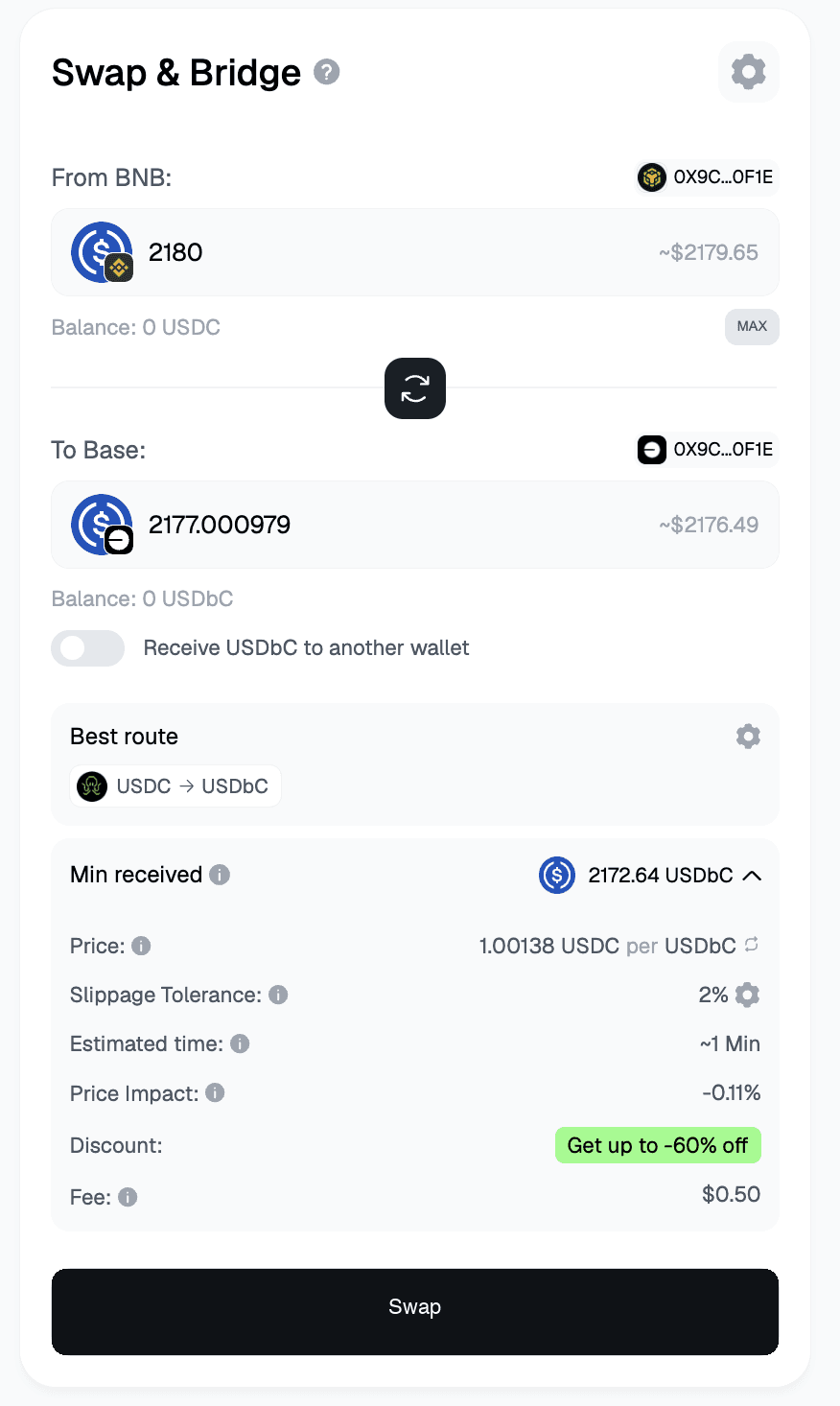 Bridge to Base — live route: 2,180 USDC (BNB Chain) → USDbC (Base) · Symbiosis