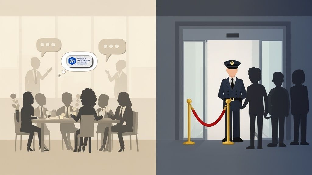 Illustration contrasting open business discussion (intranet) with a controlled access queue (extranet).