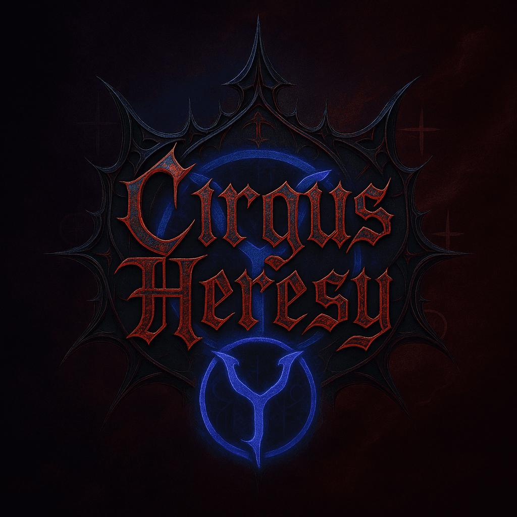 NFT emblem of the Cirqus Heresy Tricksters: a glowing arcane sigil with stylized lettering on a dark mystical background, representing the order’s creators, provocateurs, and chaotic innovators.