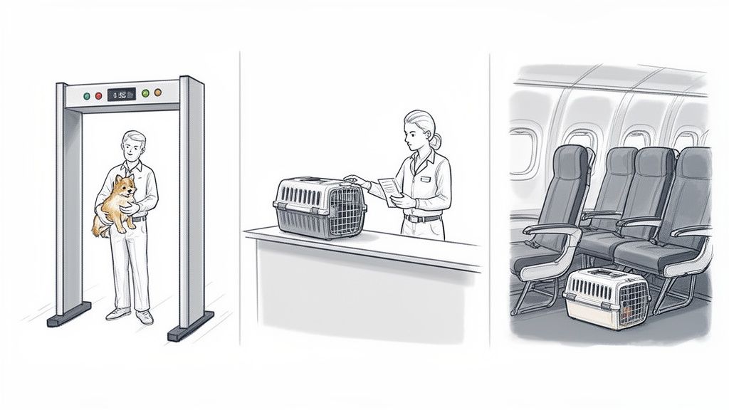 Illustration: A man travels with his dog, passing airport security, checking in, and flying with the pet carrier.