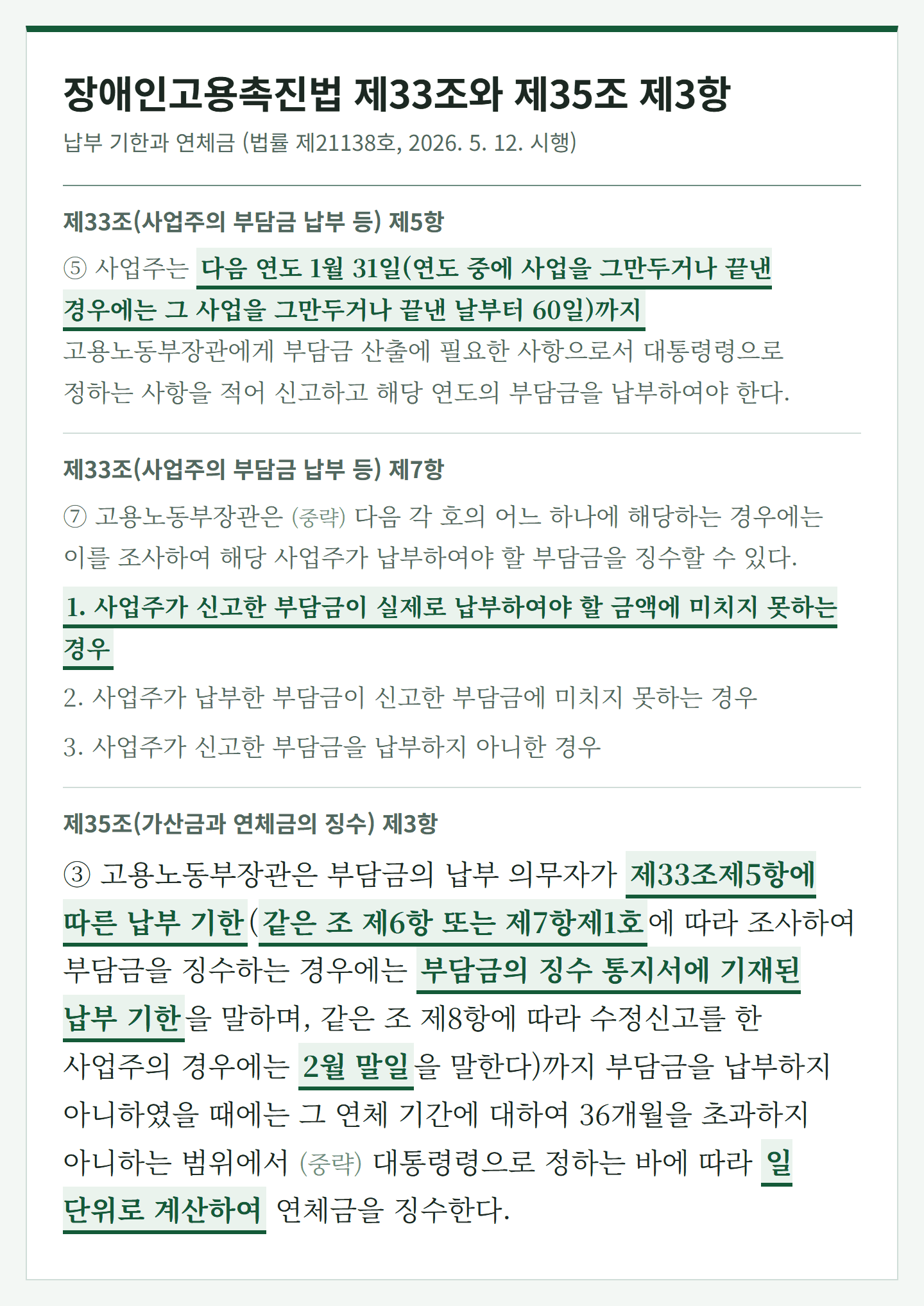 장애인고용촉진법 제33조 제5항과 제7항, 제35조 제3항 조문, 조사 징수는 제6항과 제7항 제1호만 징수 통지서의 납부 기한을 따름
