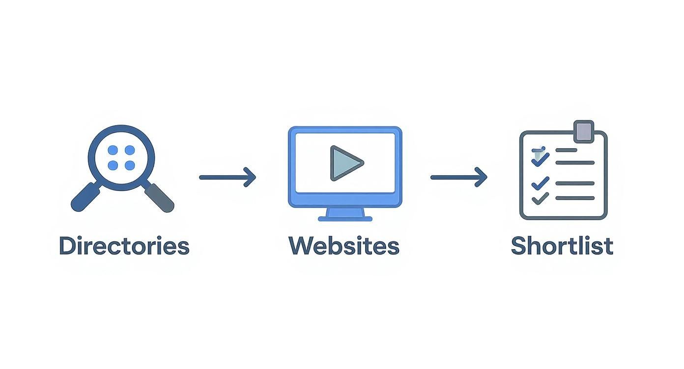 Infographic showing a 3-step research process for finding a marketing agency for startups, starting with directories, moving to websites, and ending with a shortlist.