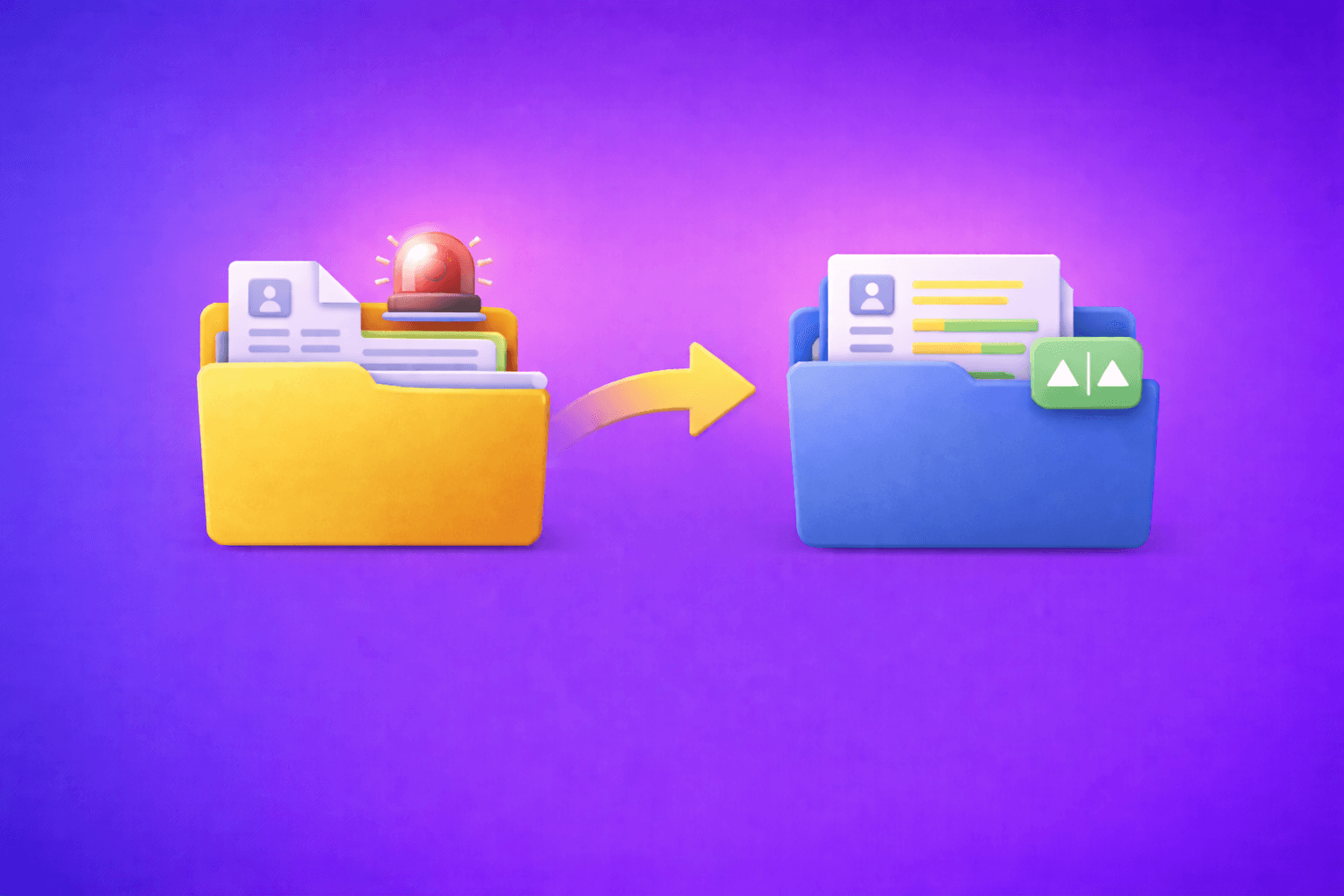 Customer screening fintech illustration with magnifying glass icon on blue to purple gradient background, representing AML compliance, real-time risk assessment, and identity verification for financial institutions.