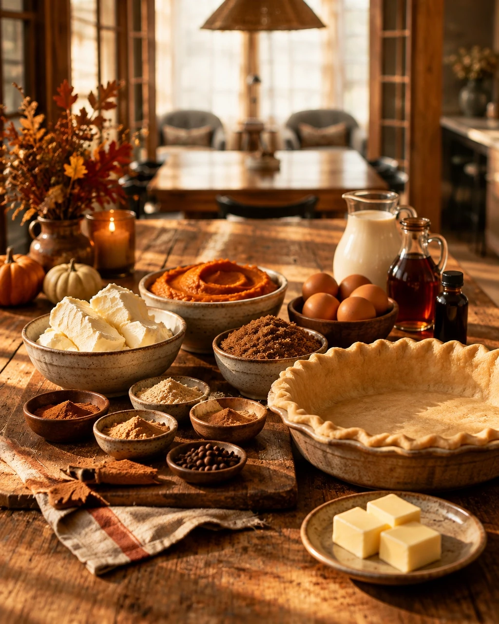 Pumpkin pie ingredients arranged on a rustic kitchen table in warm autumn light