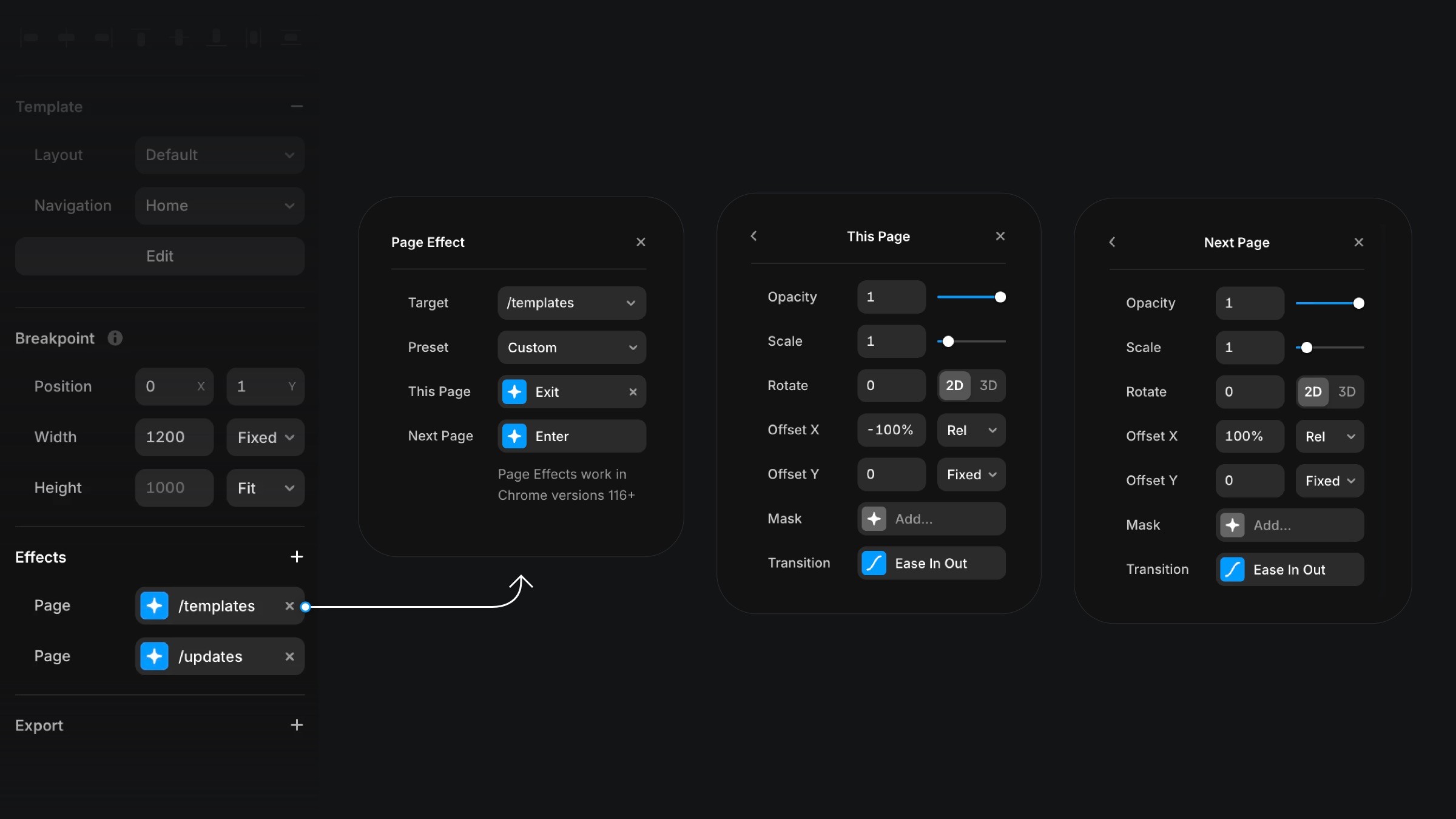 Framer page transition settings interface showing animation controls and effects