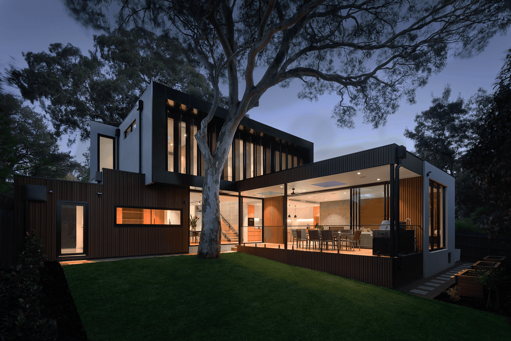 A modern house at dusk