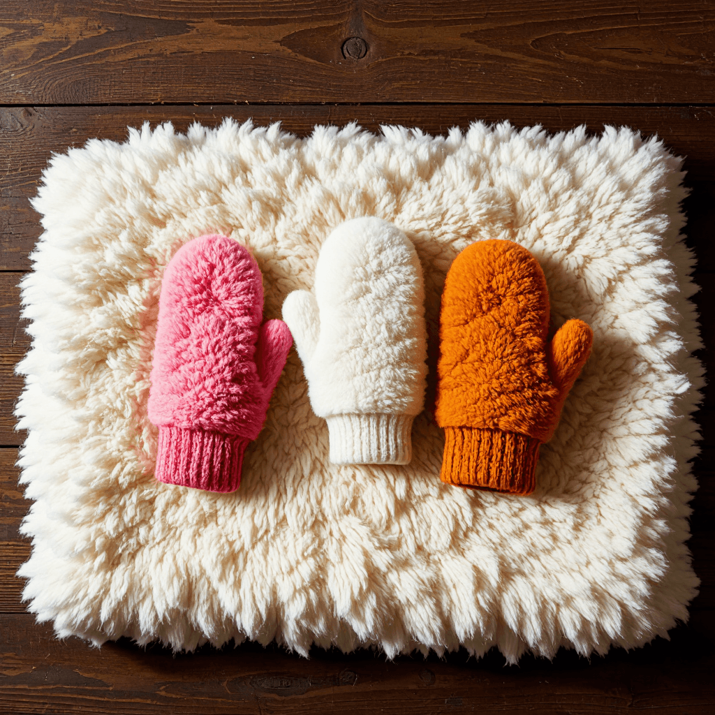 product photography of set of fluffy mittens