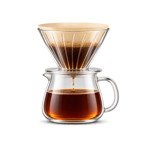 V60 pour-over dripper on a glass server of filter coffee