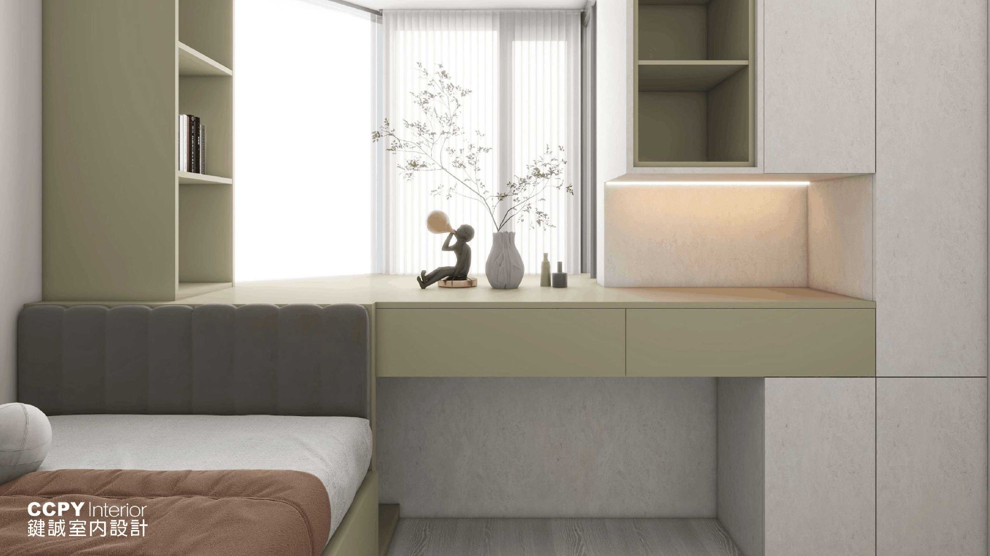 Modern bedroom with built-in desk and shelving