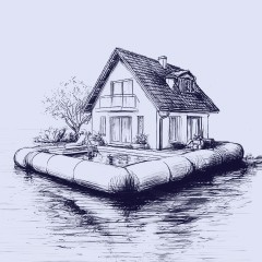 Portada de Contribuciones: entre avalúos, equidad y responsabilidad fiscal, apunte de política pública de IdeaPaís, mostrando una ilustración de una vivienda que reposa sobre el agua en un flotador.