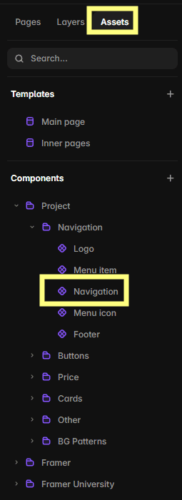 Finding the Navigation component in the Tilanium Assets panel