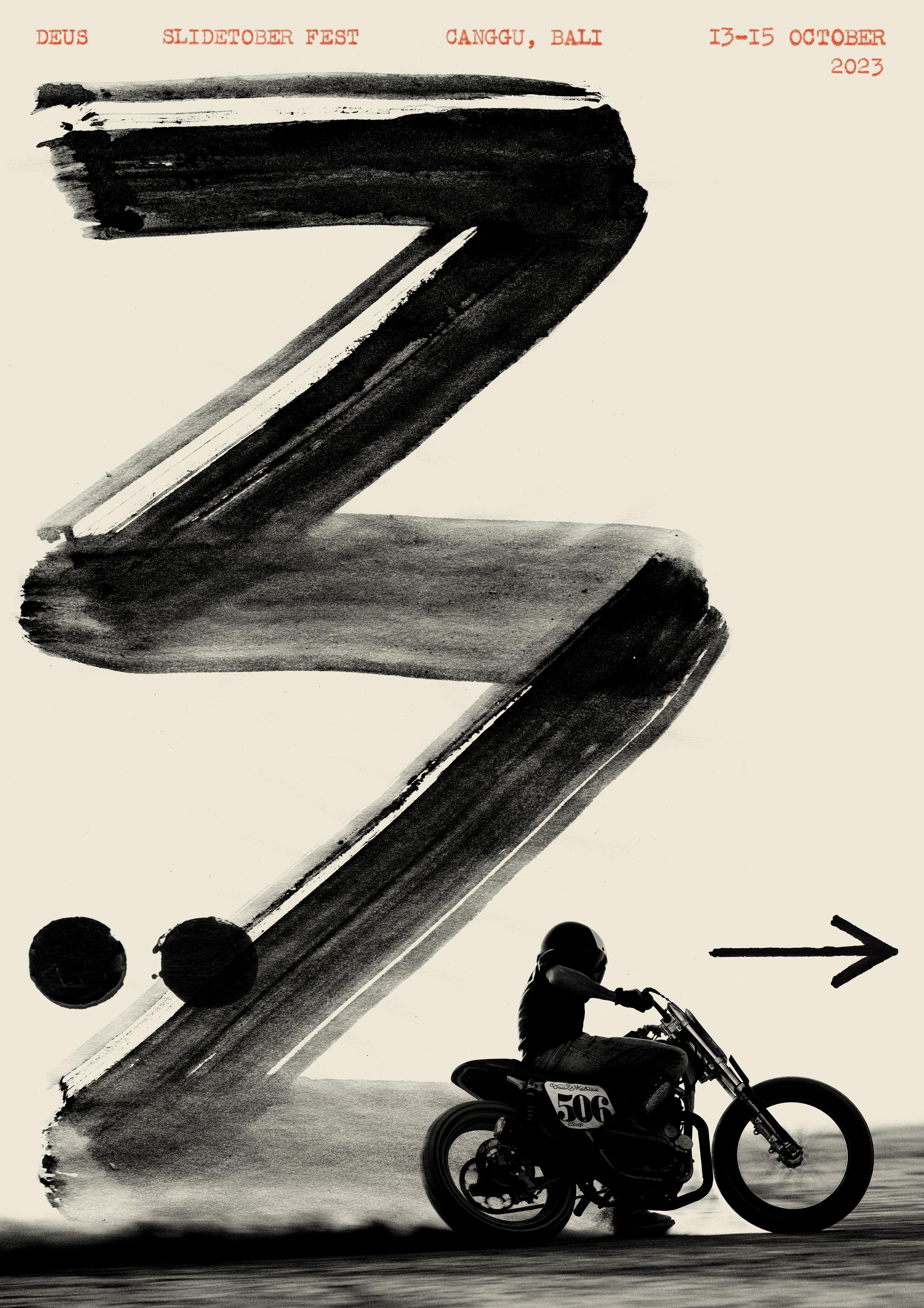 A poster showing a motorbike followed by a painted zigzag