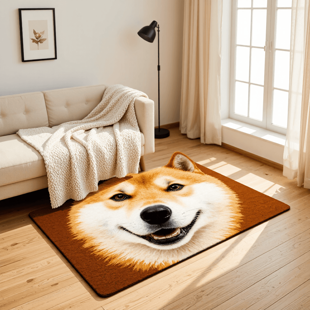 product photography of a decorative rug shaped like a dog's face, used for home decor