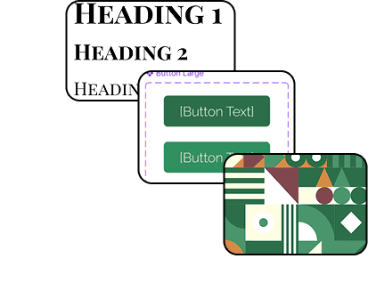 Icons depicting elements from the style guide, including a green and tan color palette, interactive button design, and header choices.