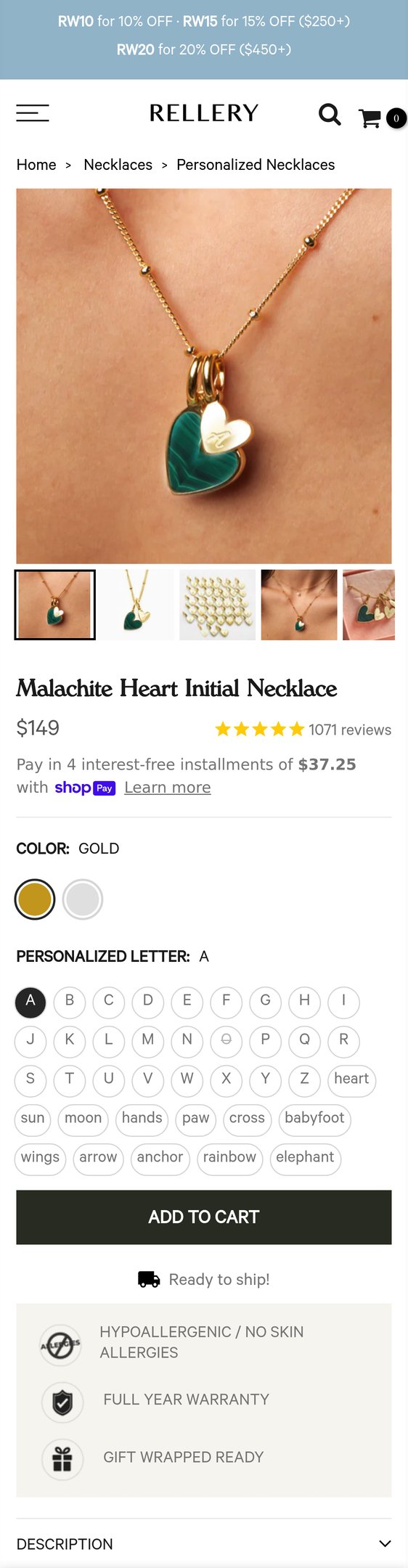 Jewelry product options include: necklace, bracelet, pendant, chain for Malachite Heart Initial Necklace from Rellery.