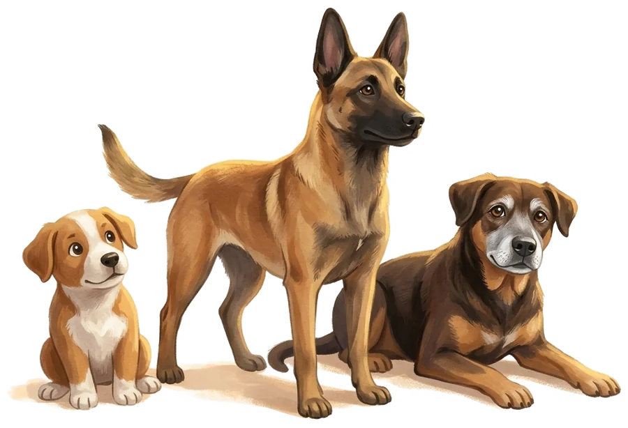 Un cachorro, un perro adulto y un perro mayor