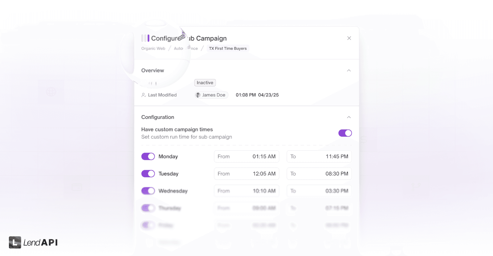 LendAPI Lead Generation LeadGen Campaign Control Platform - Camapign Calendering