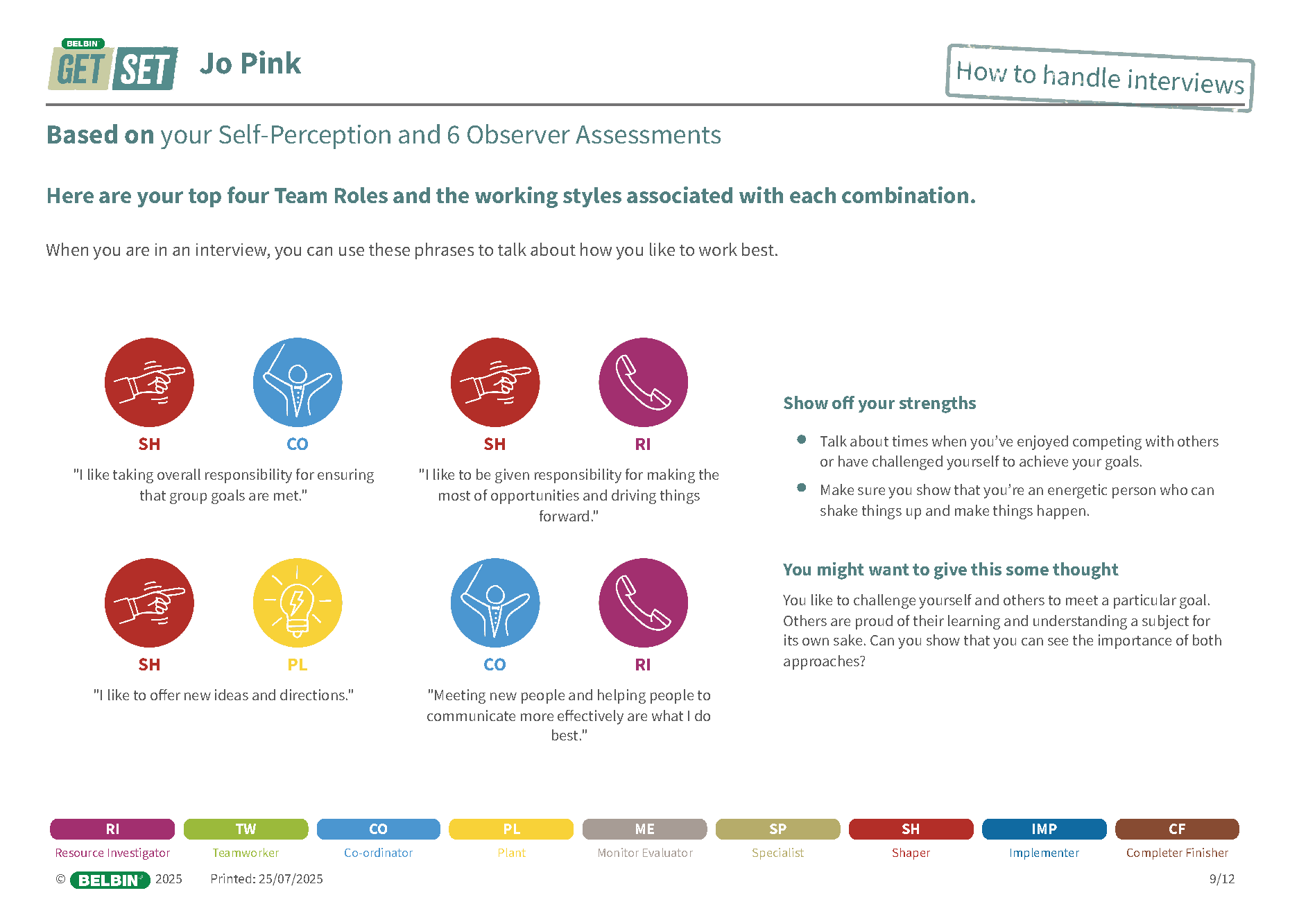 Sample Belbin GetSet report: Jo Pink — Shaper and Co-ordinator