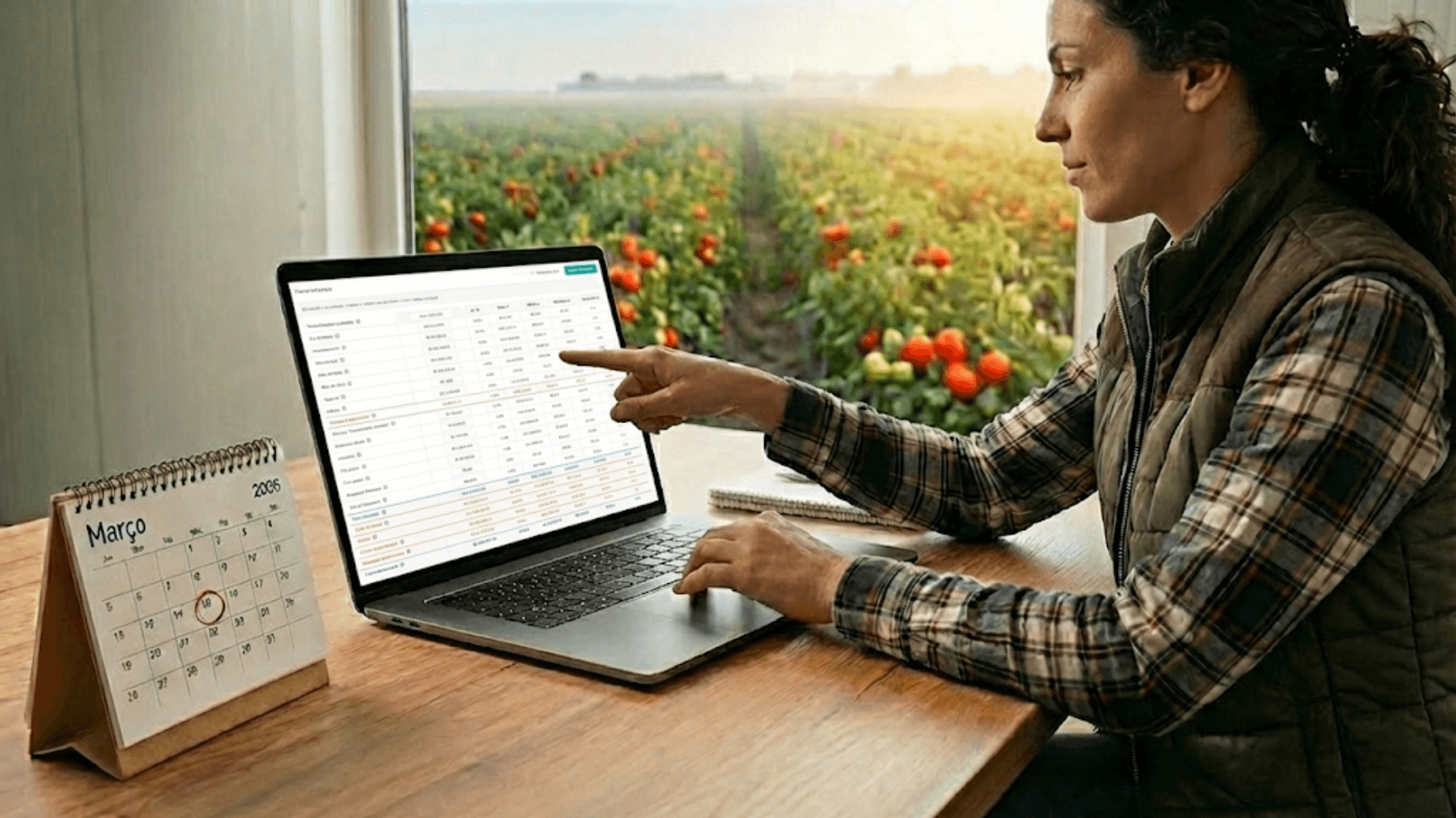 Produtora rural analisando dados agrícolas em notebook dentro da fazenda, com planilha de planejamento de safra aberta e plantação ao fundo.