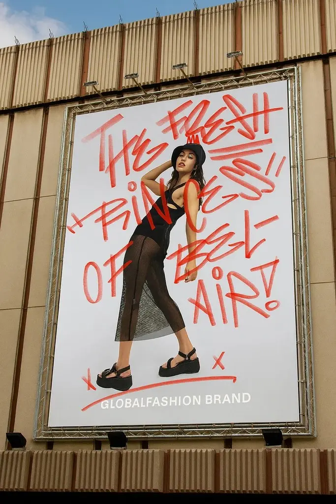 Graffiti-style billboard for a global fashion brand featuring a confident woman in black sheer outfit