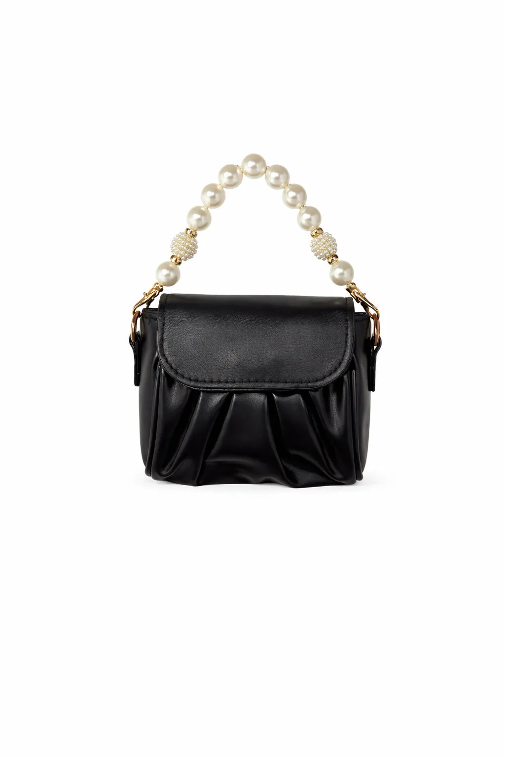 Black handbag with pearl handle on a white background