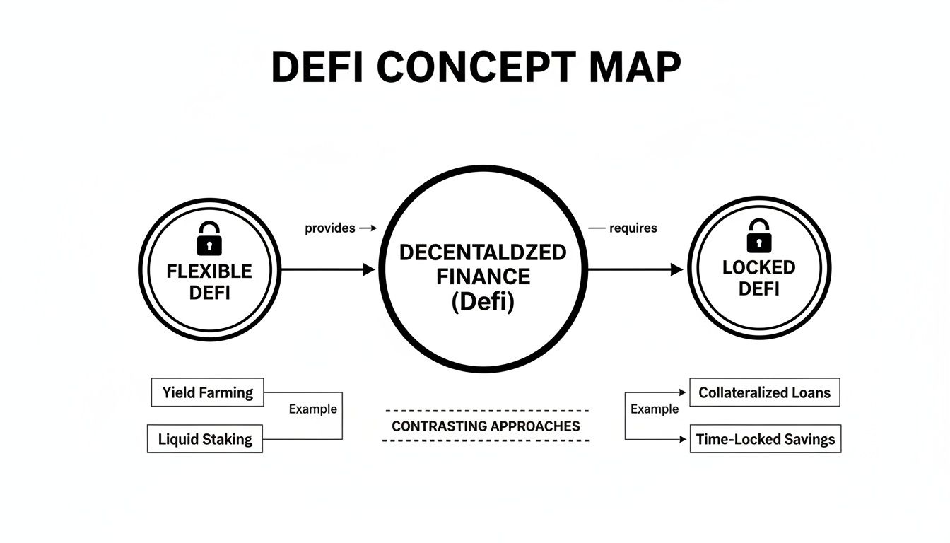 DeFi concept map illustrating flexible and locked decentralized finance approaches with examples.