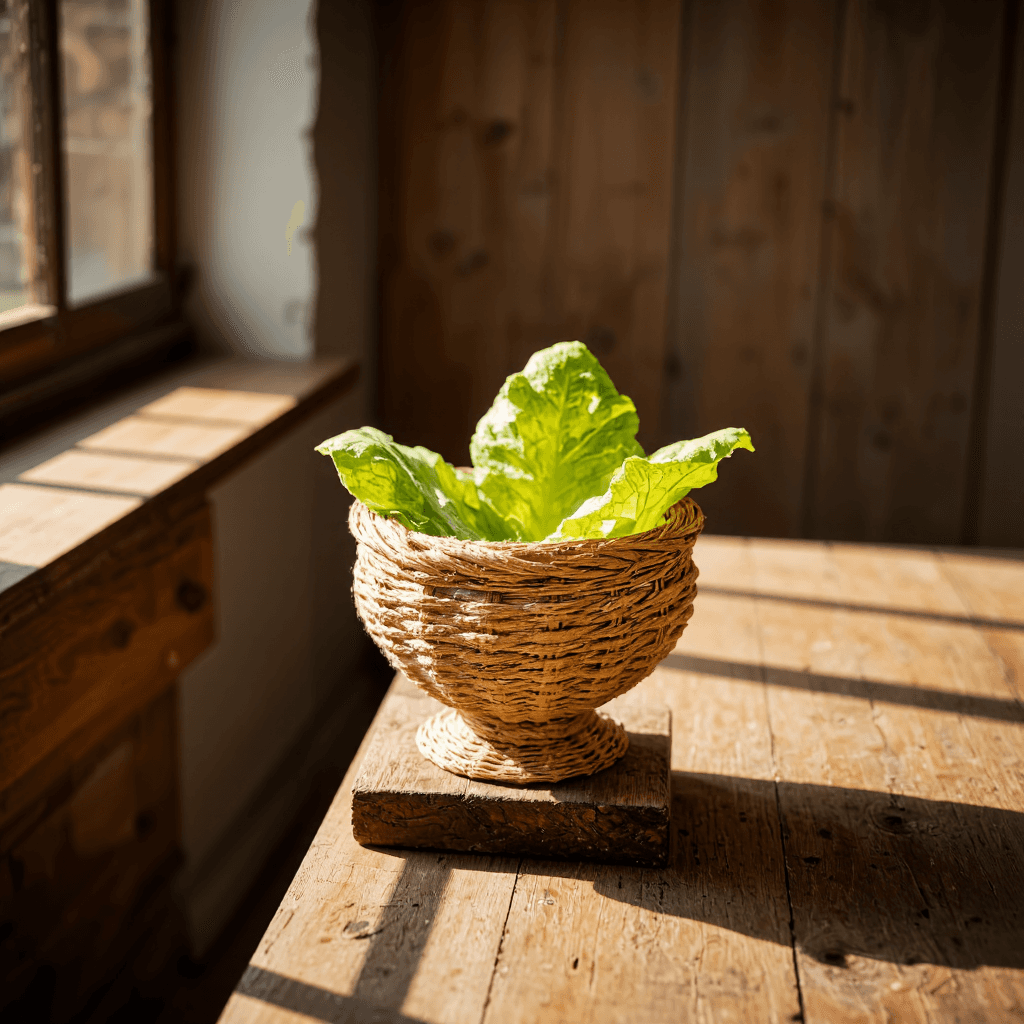 product photography of a small woven basket with a lettuce leaf