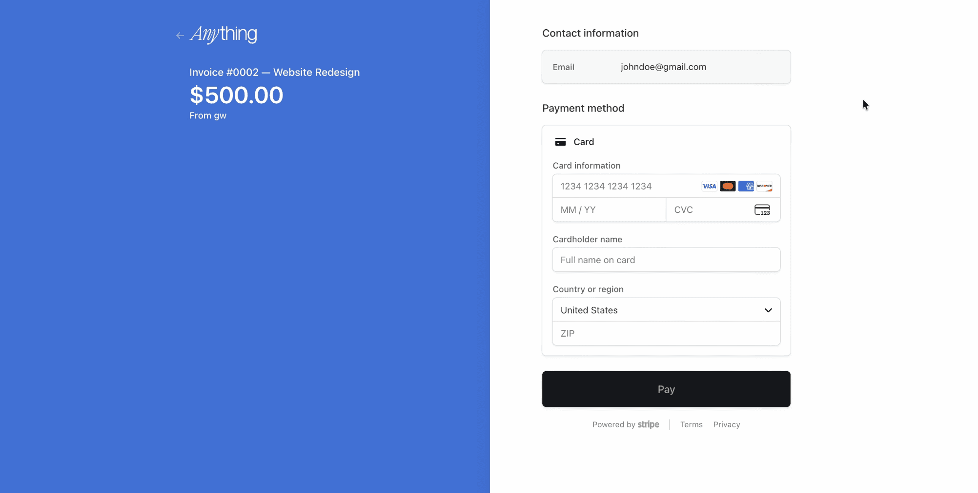 Live Stripe checkout page generated by Anything for client invoice payment