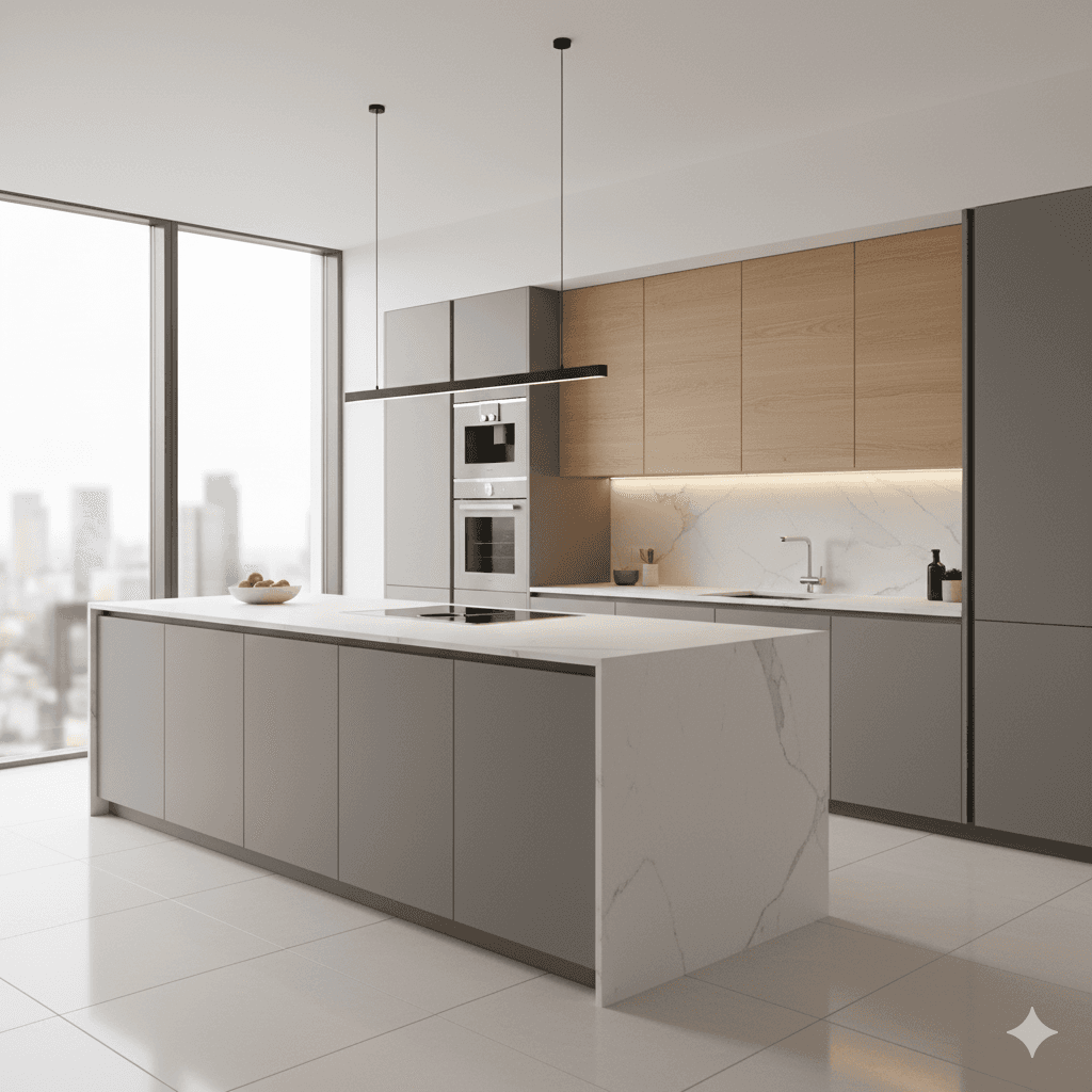 Sleek, sophisticated European modular kitchen with integrated appliances, M3M luxury homes