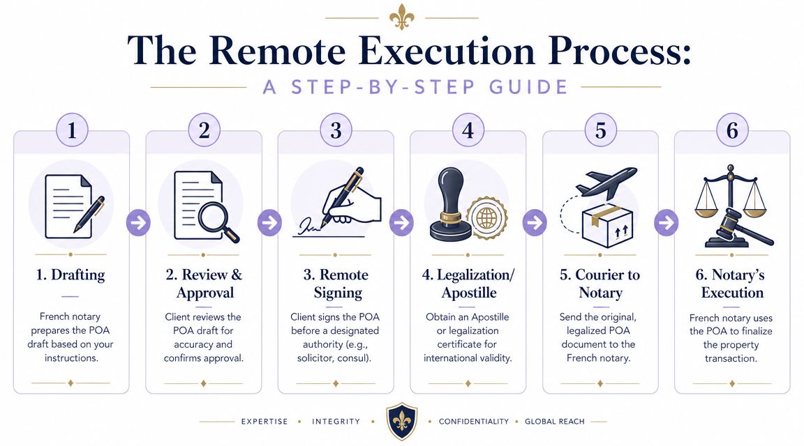 A six-step infographic illustrating the remote power of attorney execution process for international French property transactions.