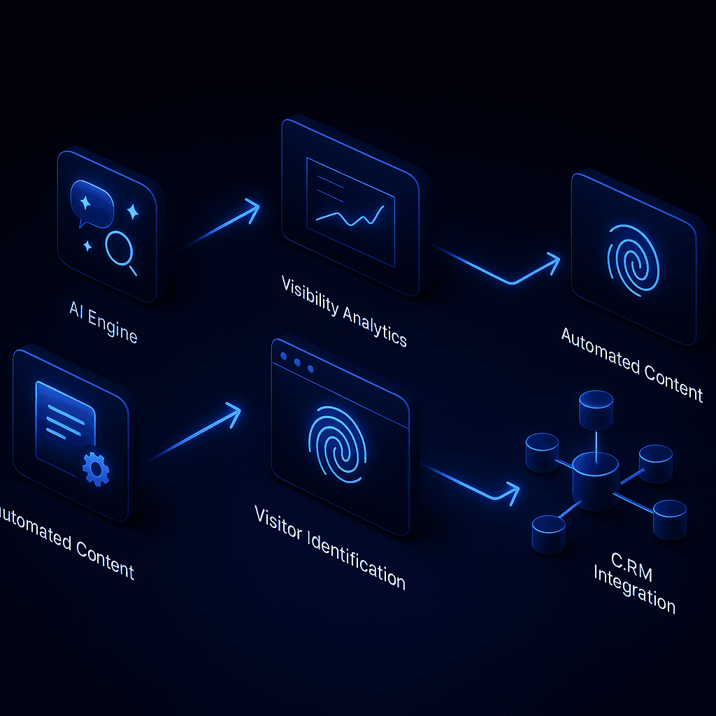 Isometric flow chart visualizing Relixir process from AI visibility to CRM-driven lead sequencing