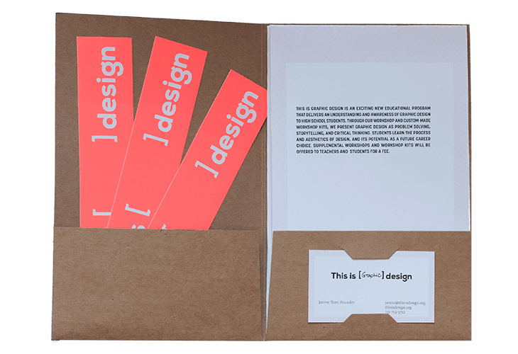An open brown cardboard folder displays three vertical orange strips labeled “1 design” with “1 design” repeated on each. A white card inside reads “This is [graphic] design” with contact information including a name, Jamie Teresa Fowler, phone number, and email address. A second card inside the folder is partially visible.