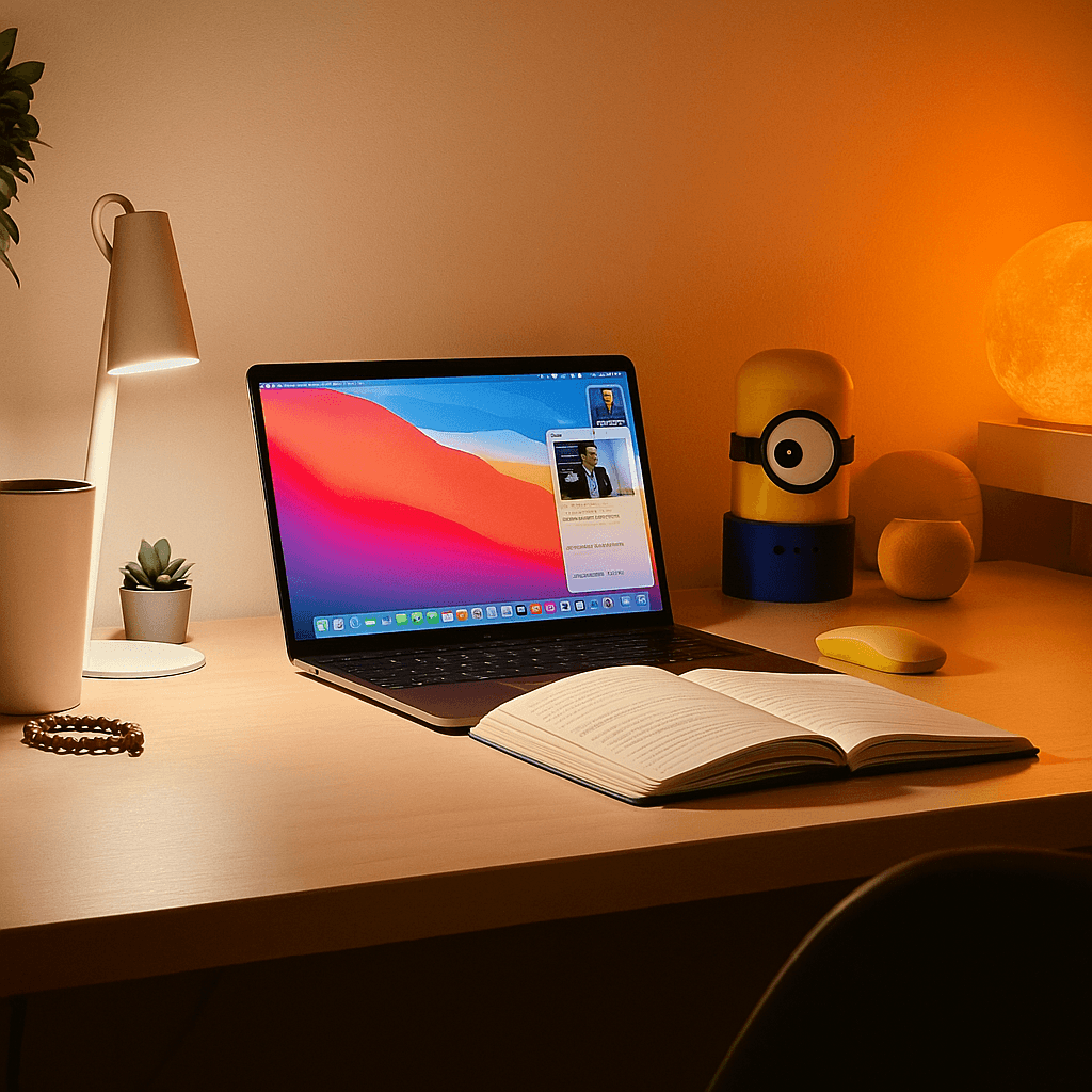 A cozy, well-lit study desk setup with a MacBook, open notebook, and warm ambient lighting. A yellow, Minion-inspired Pomodoro timer with a blue LED-lit base is placed to the right of the laptop, nestled between a glowing moon lamp and a small plant, creating a focused yet playful workspace environment.