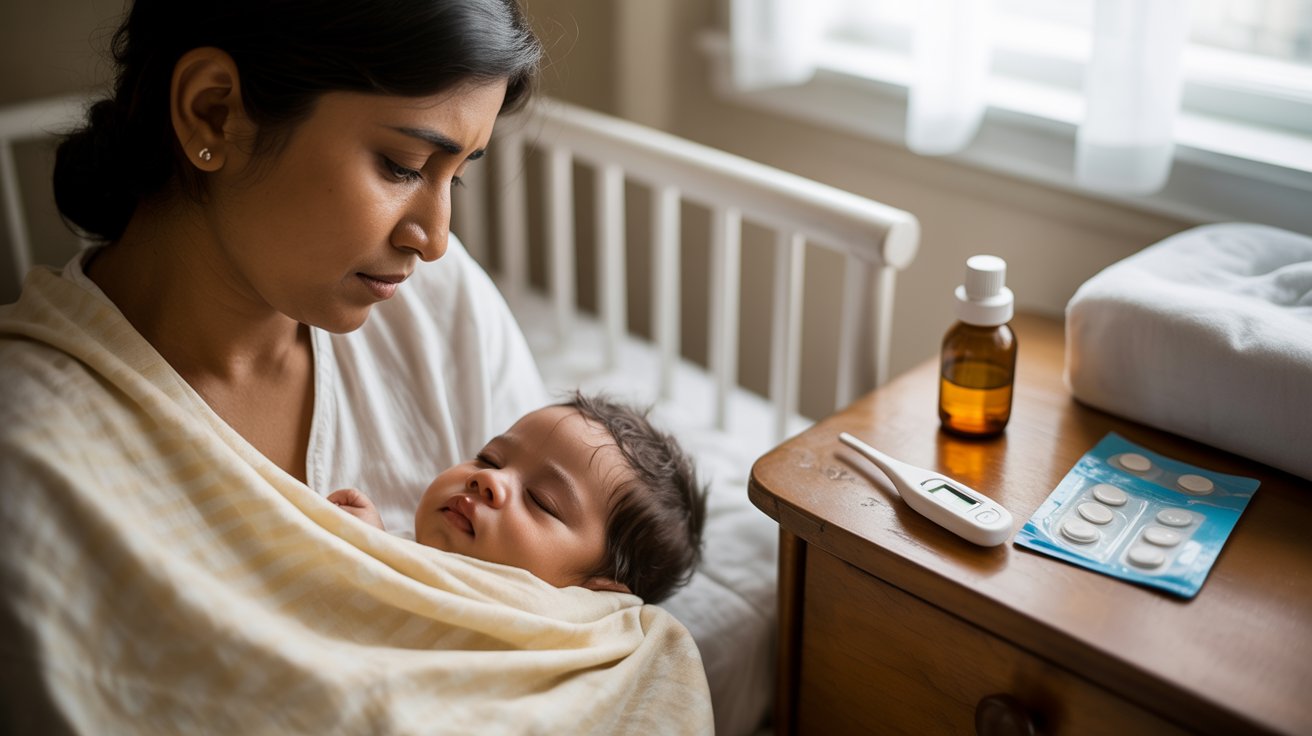 Mother caring for sick baby at home with thermometer and medicines on bedside table, highlighting infant health awareness