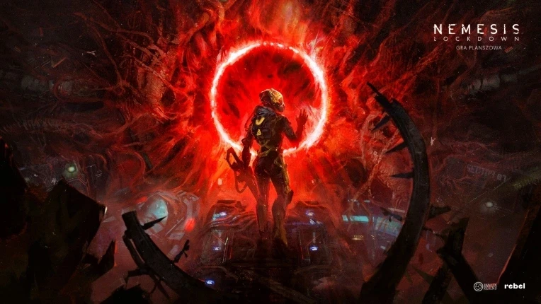 A futuristic figure stands before a glowing red circular sci-fi portal, surrounded by dark, mechanical and organic elements. Text reads "Nemesis: Lockdown