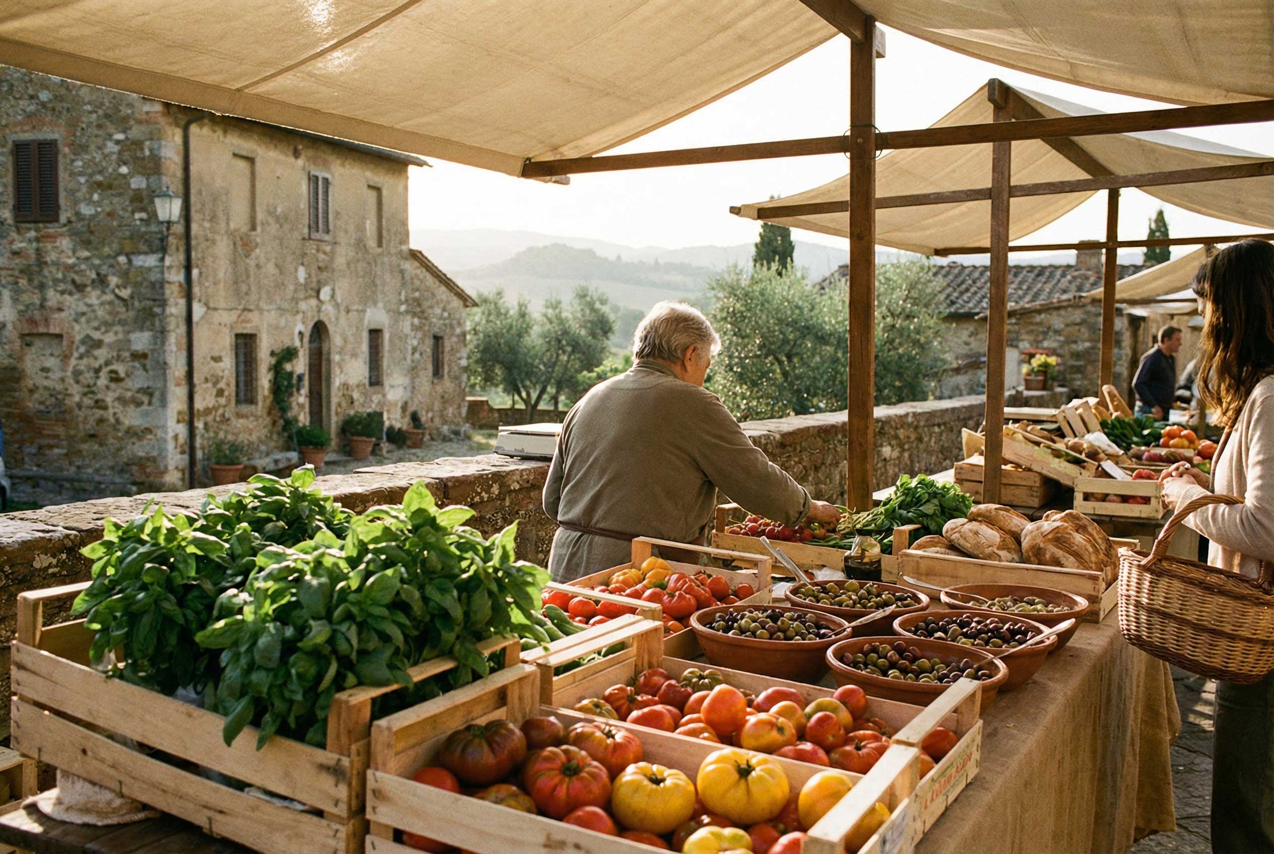 A rustic outdoor market stall displays an array of fresh produce including vibrant tomatoes, leafy greens, and a variety of olives, set against the backdrop of a picturesque rural Italian village.