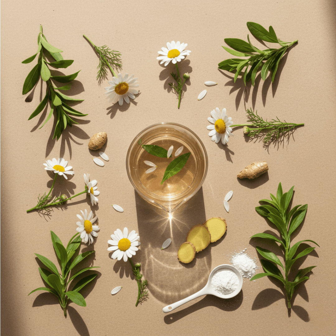 Overhead flat‑lay of fresh botanical ingredients on a warm neutral background: green leaves, chamomile flowers, small glass beaker with herbal extract, arranged neatly, soft diffused daylight, minimal luxury skincare aesthetic, no branding.