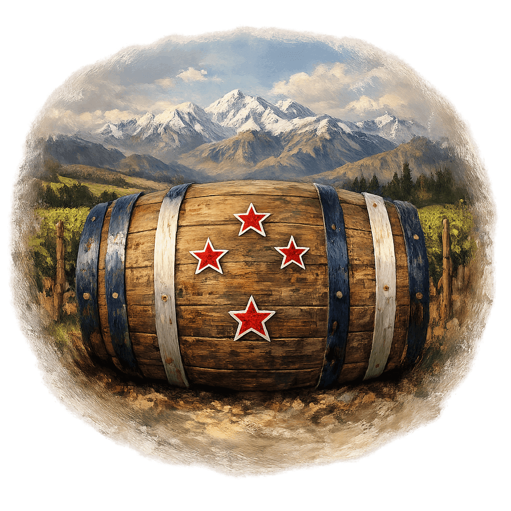 Wine barrel featuring the New Zealand national emblem for regional wine education.